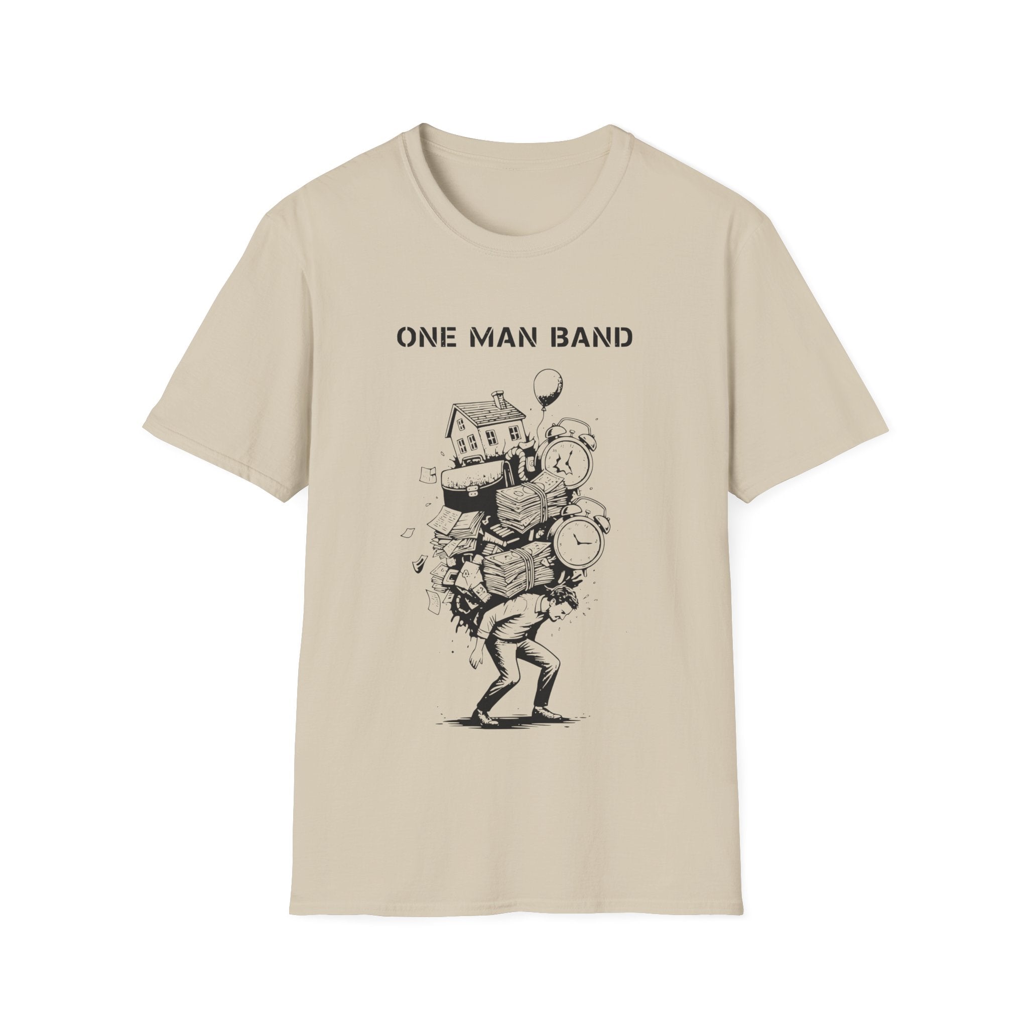 Beige t-shirt with 'One Man Band' graphic design on a white background