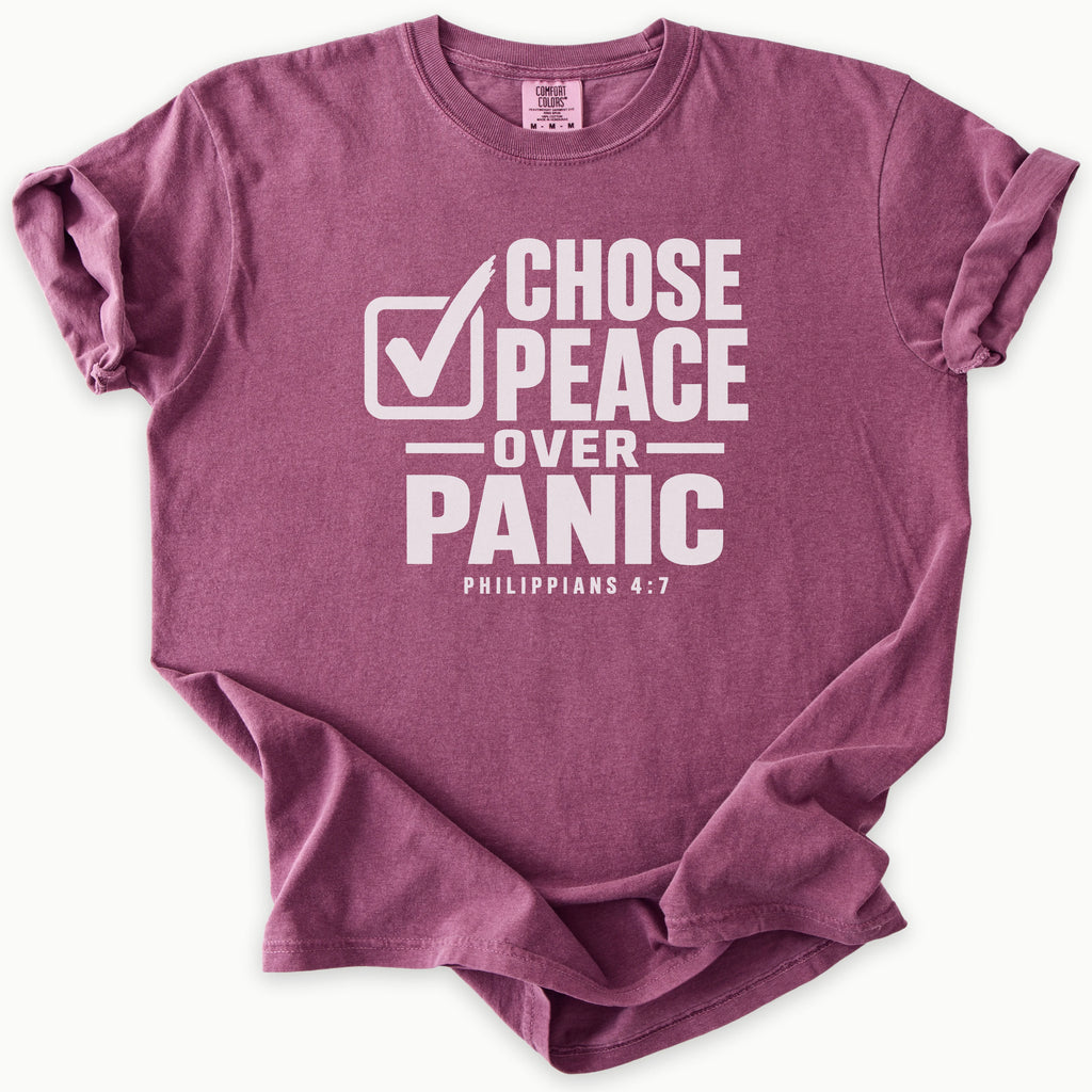 Peace Over Panic T-Shirt in Berry (dusty mauve-berry) — Philippians 4:7, Peace Over Panic, Comfort Colors 1717 unisex christian faith tee