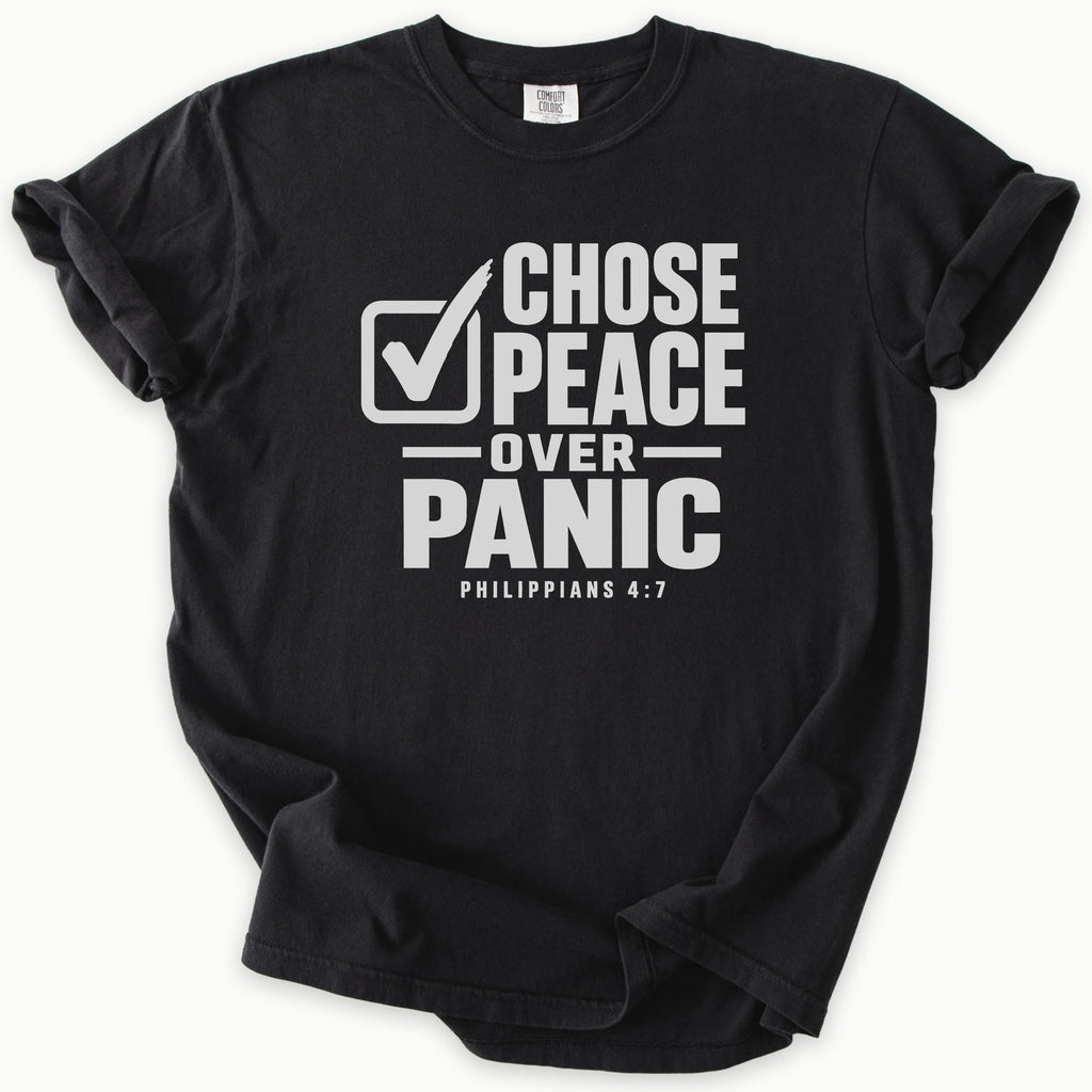 Peace Over Panic T-Shirt in Black — Philippians 4:7, Peace Over Panic, Comfort Colors 1717 unisex christian faith tee