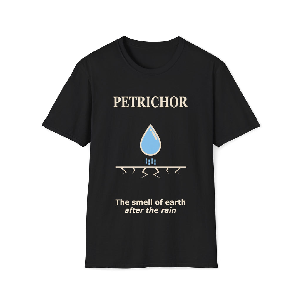 Black Gildan 64000 Softstyle T-shirt featuring a minimalist Petrichor design with a blue raindrop graphic, cracked earth line detail, and the phrase “The smell of earth after the rain.”