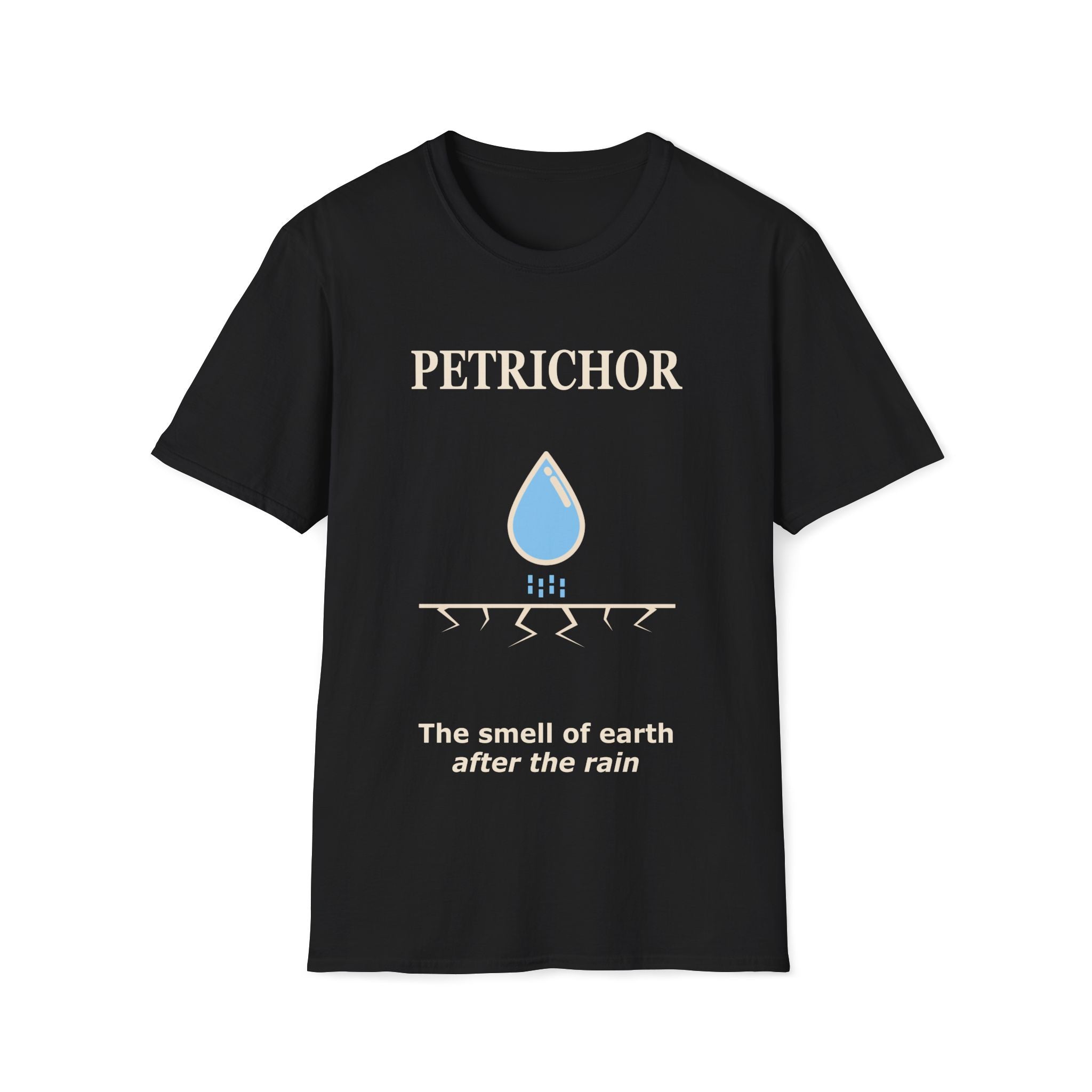 Black Gildan 64000 Softstyle T-shirt featuring a minimalist Petrichor design with a blue raindrop graphic, cracked earth line detail, and the phrase “The smell of earth after the rain.”