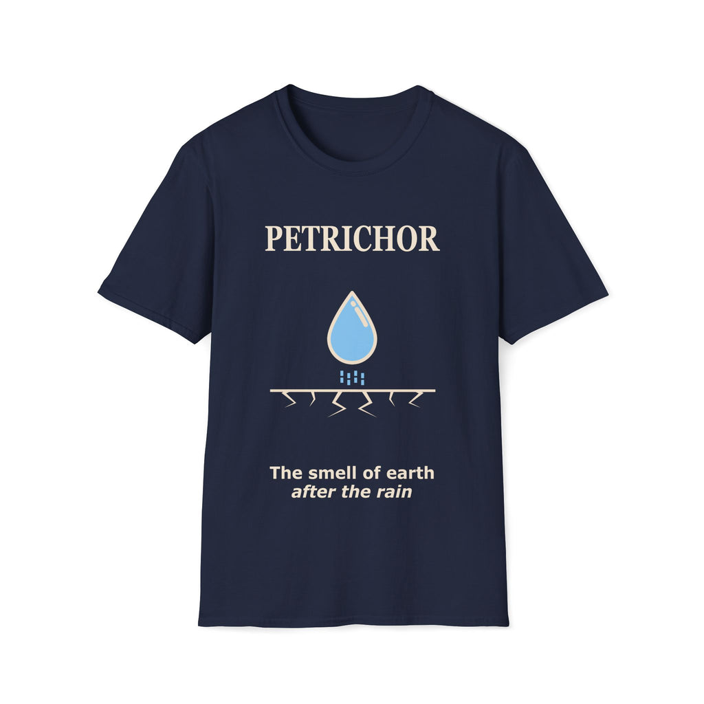 Blue Gildan 64000 Softstyle T-shirt featuring a minimalist Petrichor design with a blue raindrop graphic, cracked earth line detail, and the phrase “The smell of earth after the rain.”