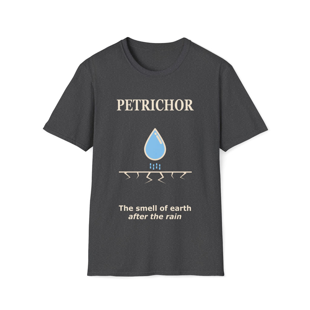 Dark grey Gildan 64000 Softstyle T-shirt featuring a minimalist Petrichor design with a blue raindrop graphic, cracked earth line detail, and the phrase “The smell of earth after the rain.”