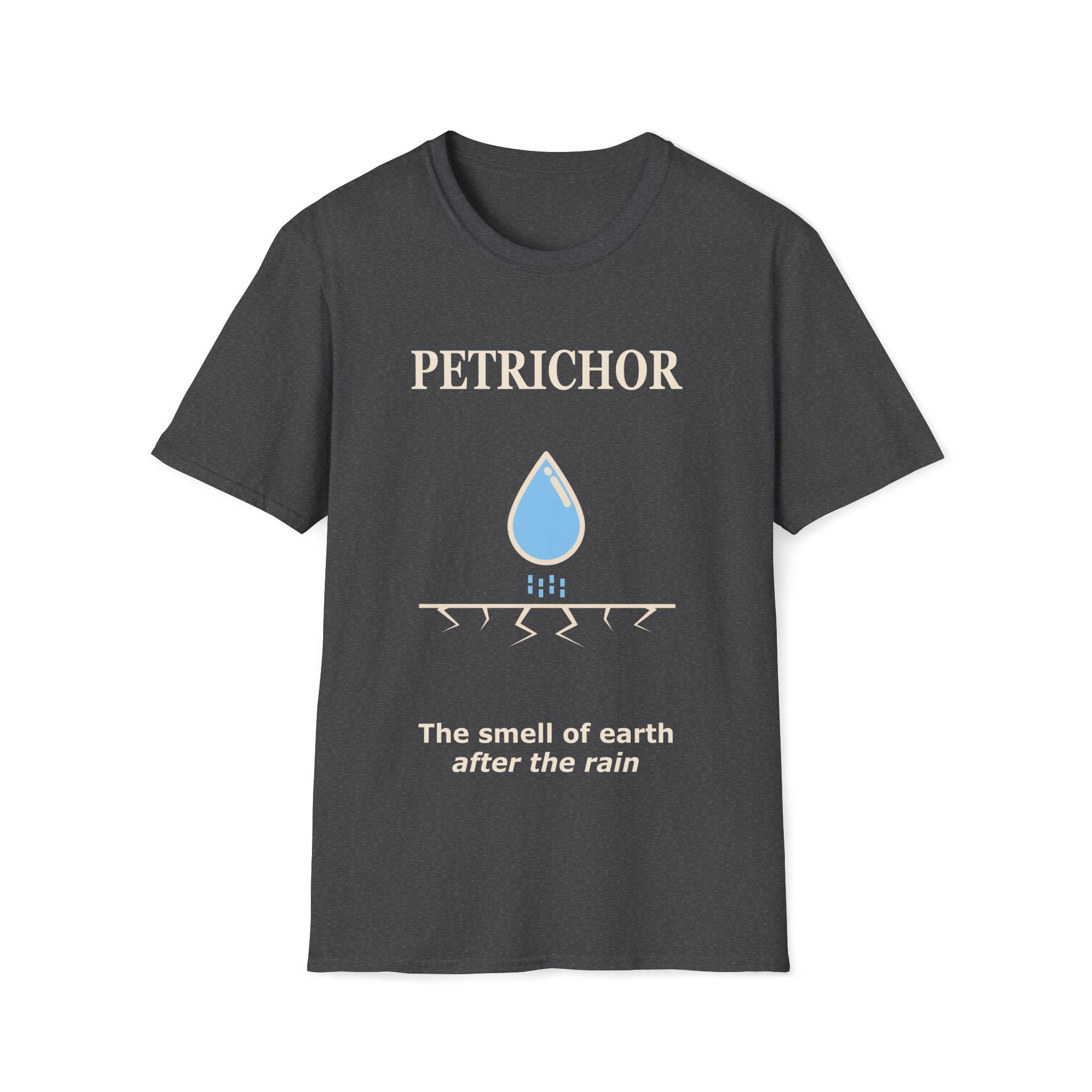 Dark grey Gildan 64000 Softstyle T-shirt featuring a minimalist Petrichor design with a blue raindrop graphic, cracked earth line detail, and the phrase “The smell of earth after the rain.”