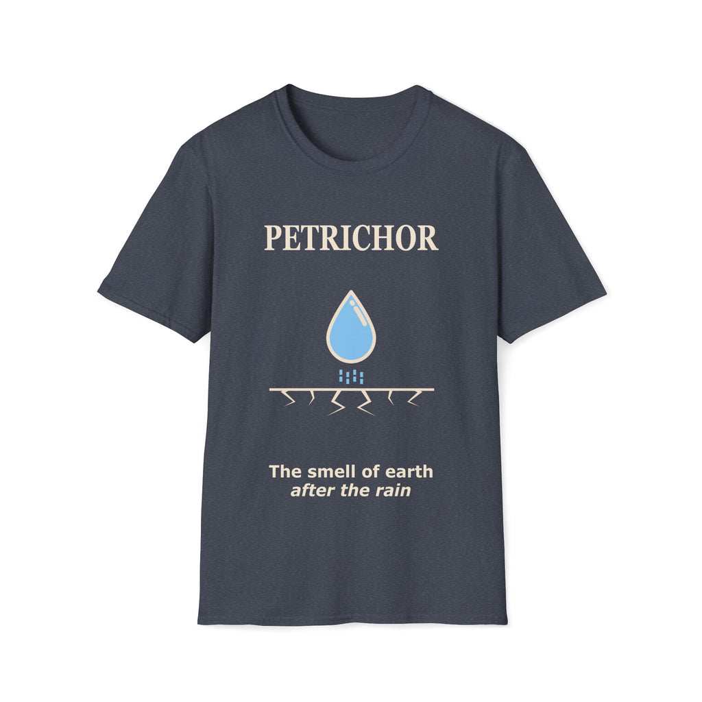 Grey Gildan 64000 Softstyle T-shirt featuring a minimalist Petrichor design with a blue raindrop graphic, cracked earth line detail, and the phrase “The smell of earth after the rain.”