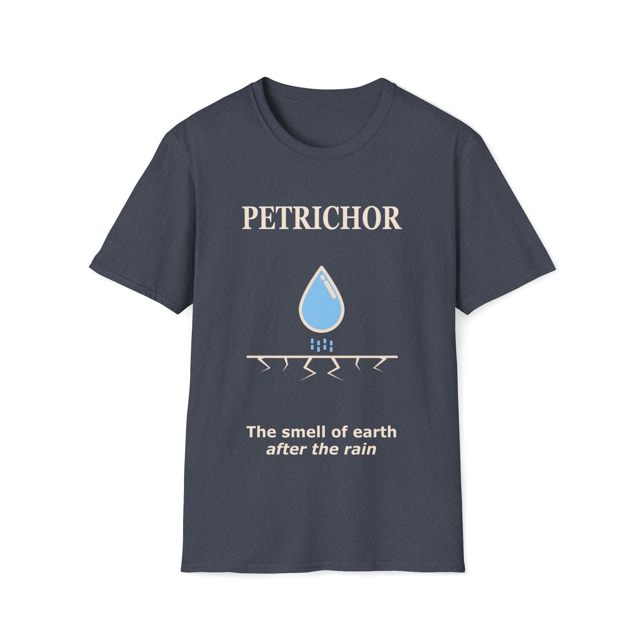 Grey Gildan 64000 Softstyle T-shirt featuring a minimalist Petrichor design with a blue raindrop graphic, cracked earth line detail, and the phrase “The smell of earth after the rain.”