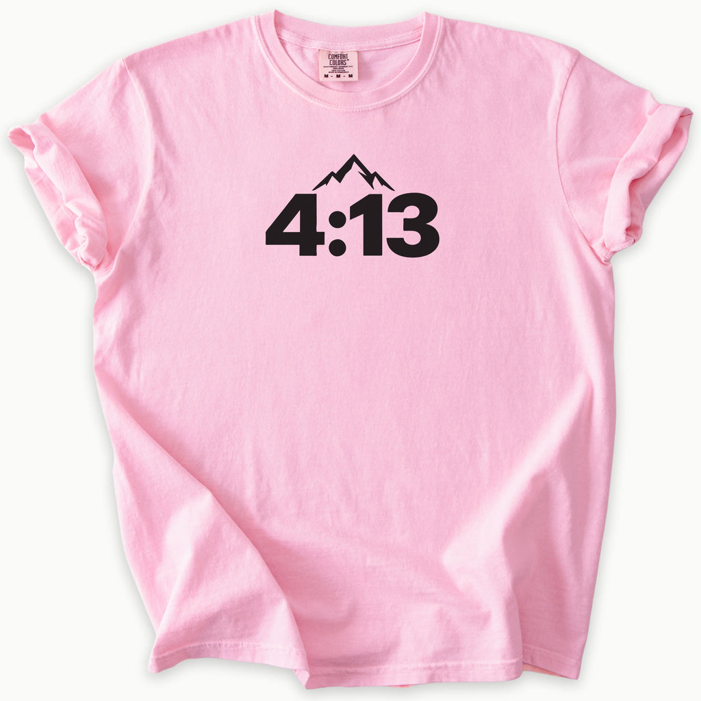 4:13 Philippians T-Shirt in Blossom (soft pink) — Philippians 4:13, minimalist mountain faith tee, Comfort Colors 1717 unisex christian faith tee