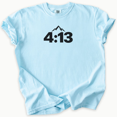 4:13 Philippians T-Shirt in Chambray (light blue) — Philippians 4:13, minimalist mountain faith tee, Comfort Colors 1717 unisex christian faith tee