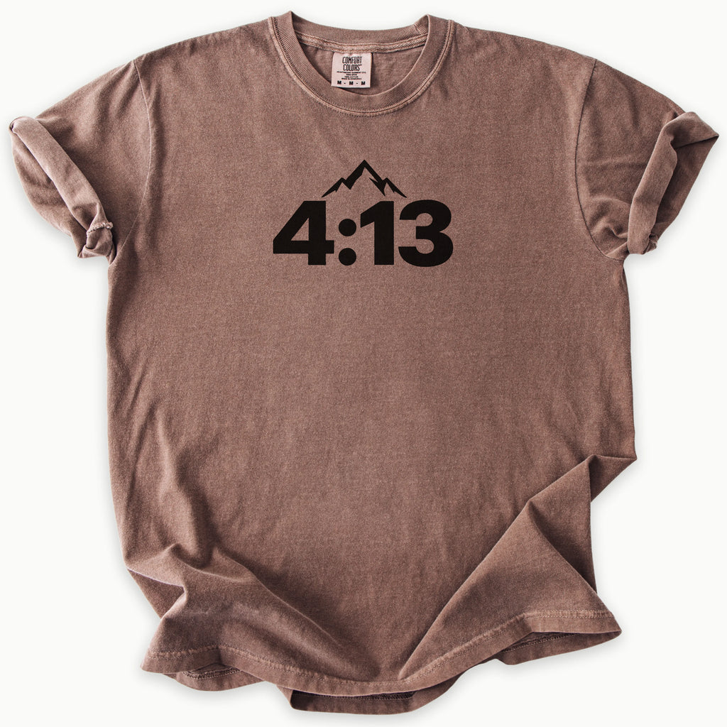 4:13 Philippians T-Shirt in Espresso (dark brown) — Philippians 4:13, minimalist mountain faith tee, Comfort Colors 1717 unisex christian faith tee