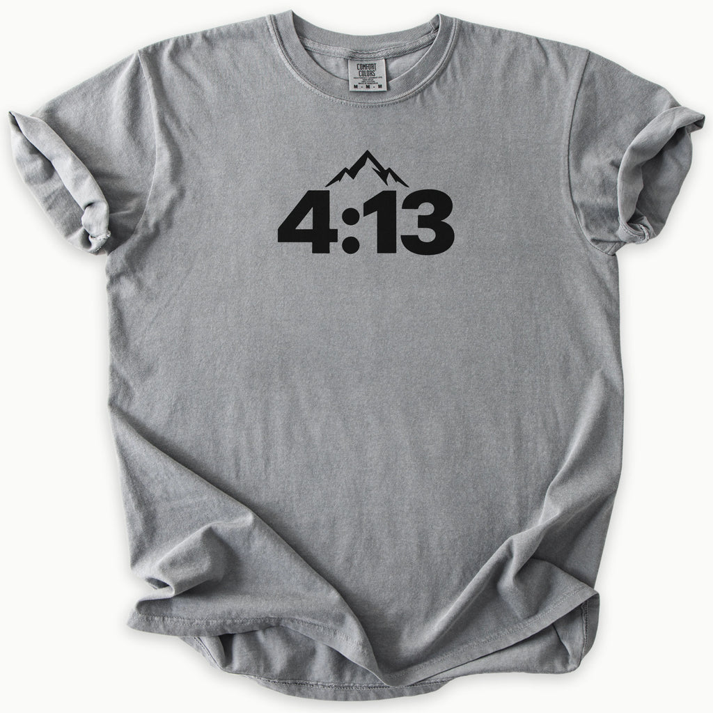 4:13 Philippians T-Shirt in Grey (medium grey) — Philippians 4:13, minimalist mountain faith tee, Comfort Colors 1717 unisex christian faith tee