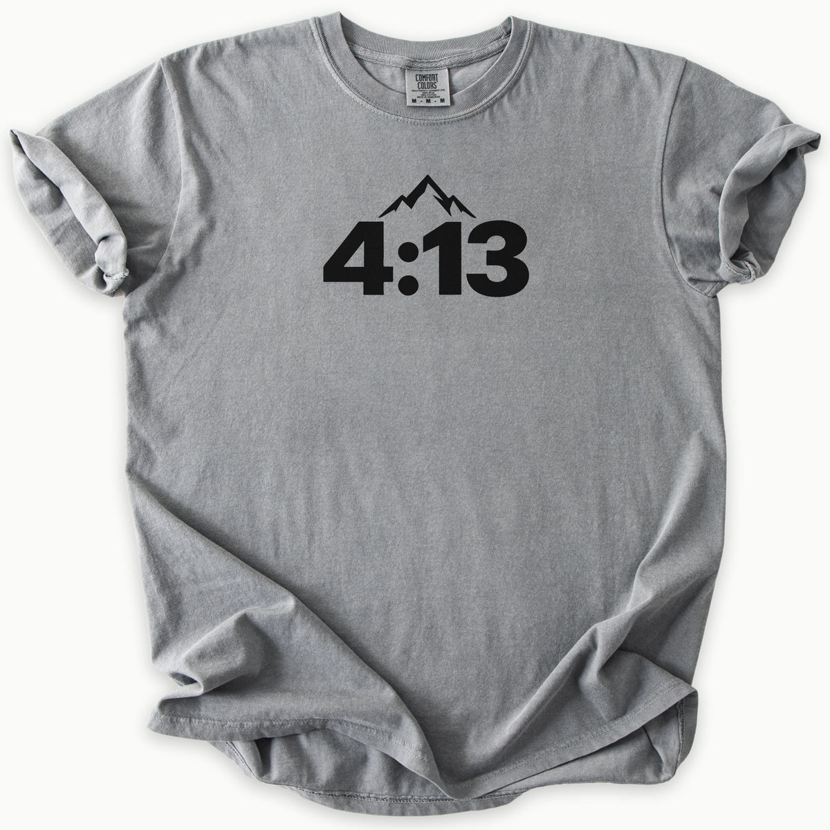 4:13 Philippians T-Shirt in Grey (medium grey) — Philippians 4:13, minimalist mountain faith tee, Comfort Colors 1717 unisex christian faith tee