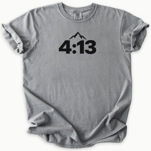 4:13 Philippians T-Shirt in Grey (medium grey) — Philippians 4:13, minimalist mountain faith tee, Comfort Colors 1717 unisex christian faith tee