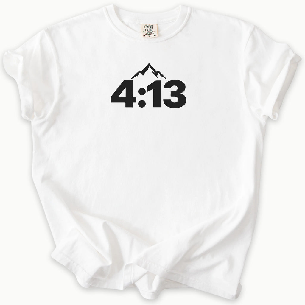 4:13 Philippians T-Shirt in White — Philippians 4:13, minimalist mountain faith tee, Comfort Colors 1717 unisex christian faith tee