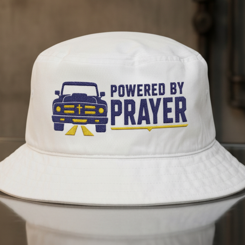 Powered By Prayer Bucket Hat in White, embroidery close-up — powered by prayer, vintage truck, Big Accessories BX003 christian bucket hat