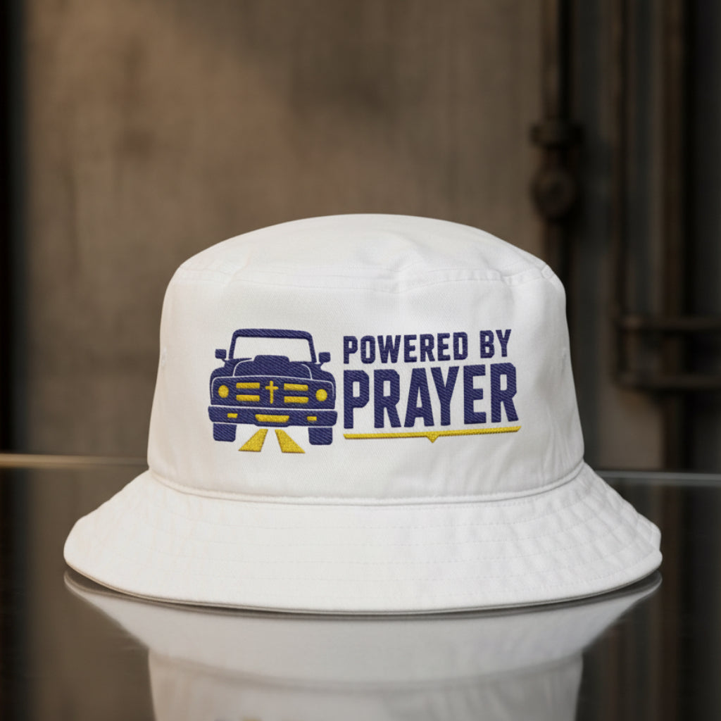 Powered By Prayer Bucket Hat in White — powered by prayer, vintage truck, Big Accessories BX003 christian bucket hat