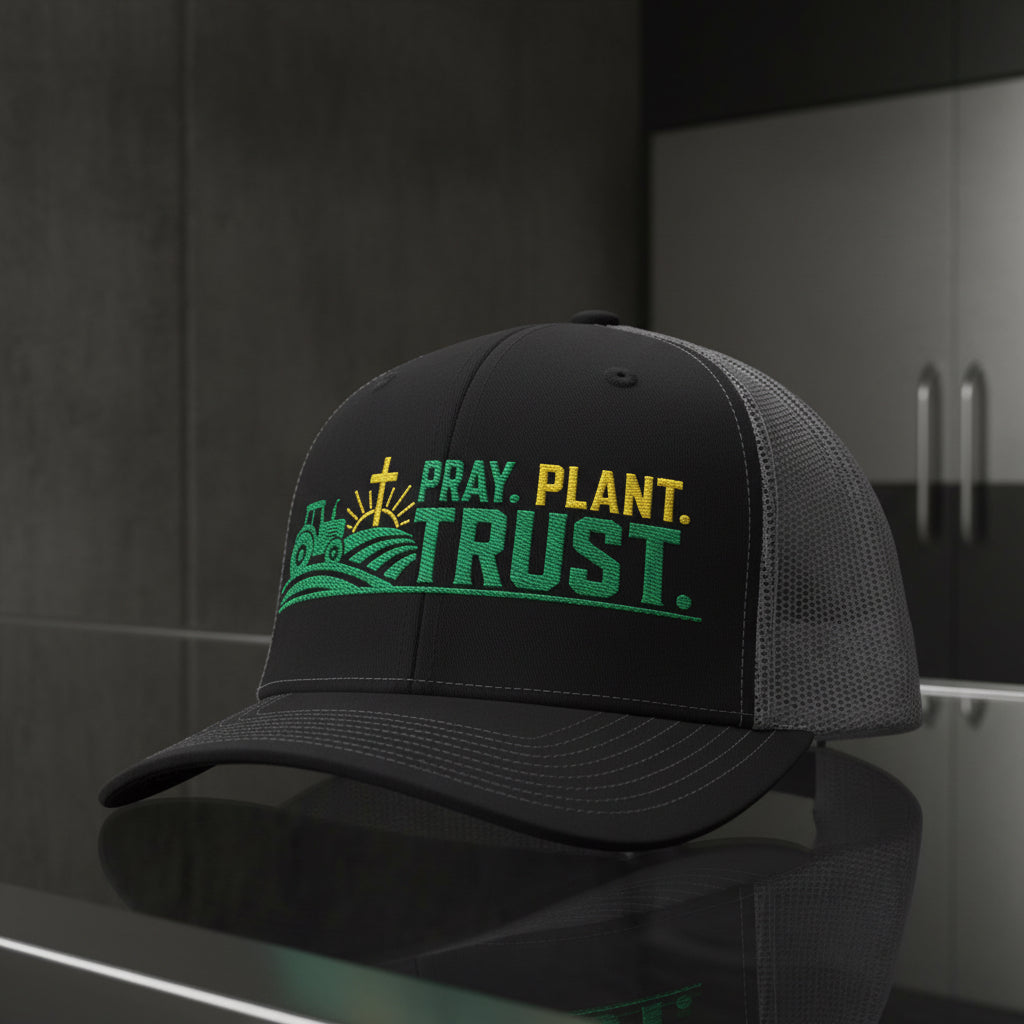 Pray Plant Trust Trucker Cap in Black / Charcoal, alternate view — pray plant trust, farmer, Richardson 112 christian trucker cap
