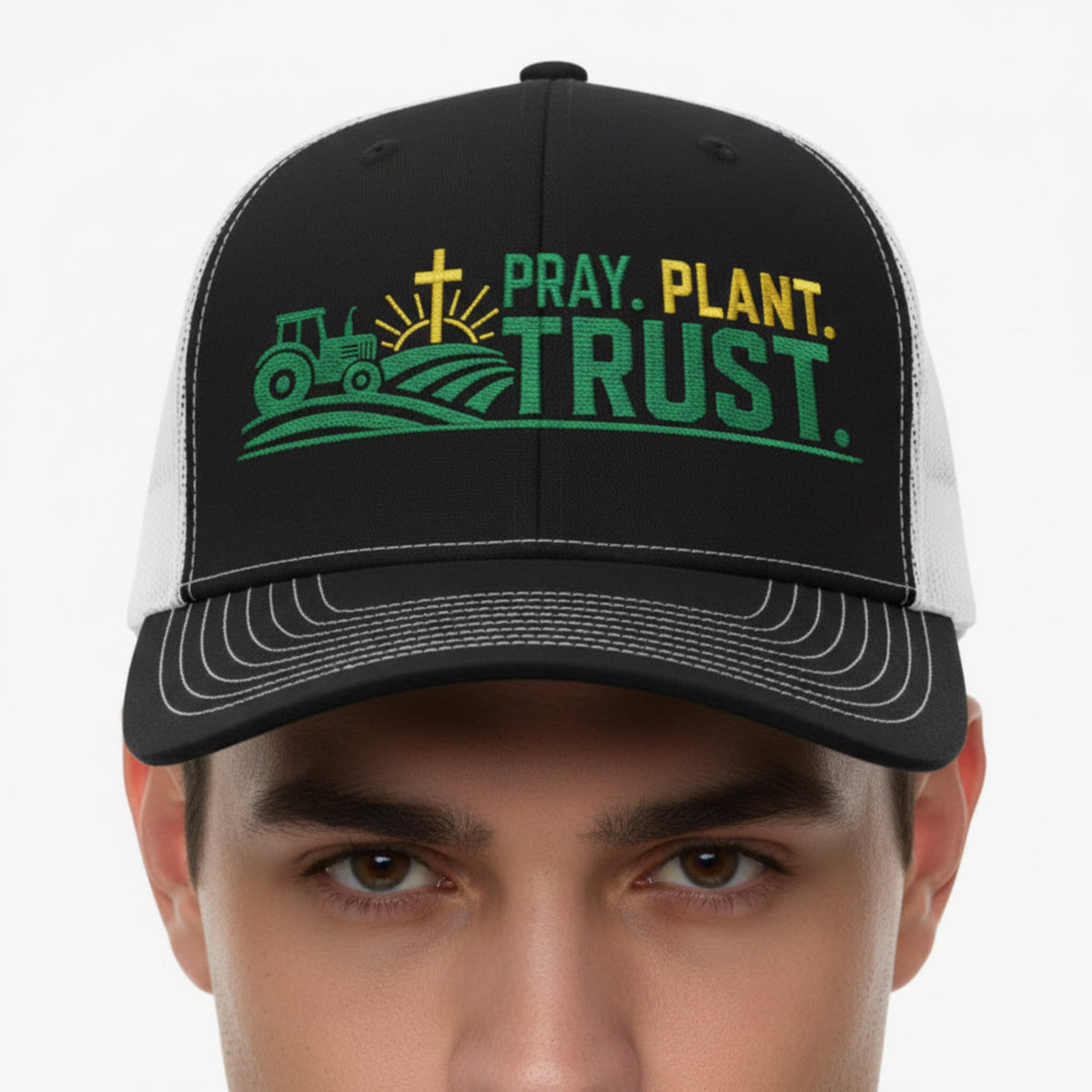 Model wearing the Pray Plant Trust Trucker Cap in Black / White — pray plant trust, farmer, Richardson 112 christian trucker cap