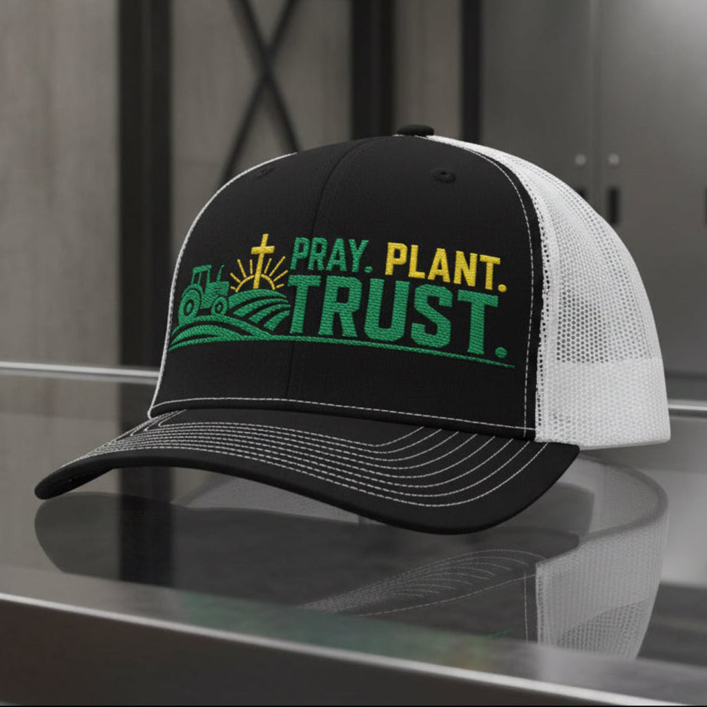 Pray Plant Trust Trucker Cap in Black / White — pray plant trust, farmer, Richardson 112 christian trucker cap