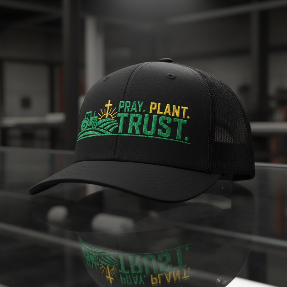 Pray Plant Trust Trucker Cap in Black — pray plant trust, farmer, Richardson 112 christian trucker cap