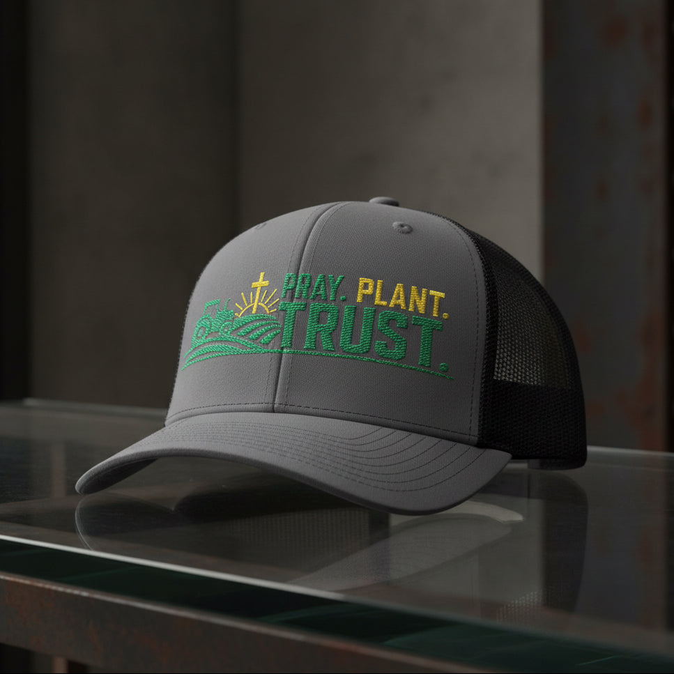 Pray Plant Trust Trucker Cap in Charcoal / Black — pray plant trust, farmer, Richardson 112 christian trucker cap