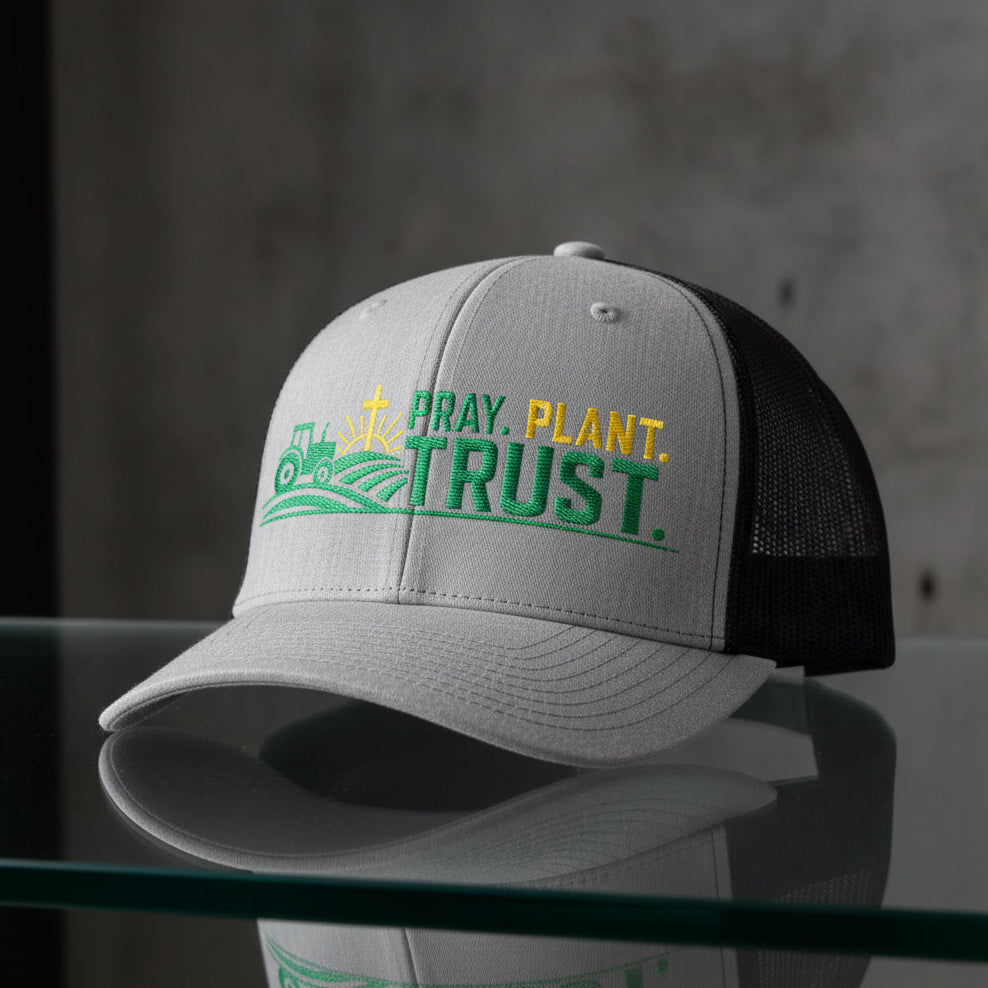 Pray Plant Trust Trucker Cap in Heather Grey / Black — pray plant trust, farmer, Richardson 112 christian trucker cap