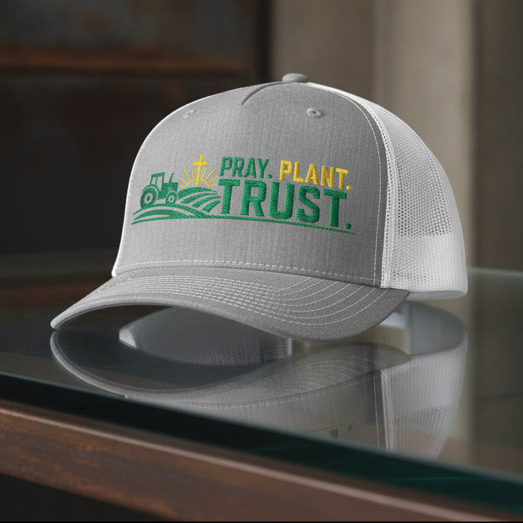 Pray Plant Trust Trucker Cap in Heather Grey / White — pray plant trust, farmer, Richardson 112 christian trucker cap