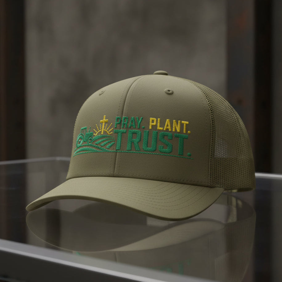 Pray Plant Trust Trucker Cap in Loden (olive green) — pray plant trust, farmer, Richardson 112 christian trucker cap