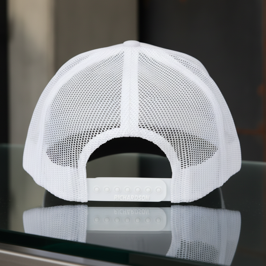 Prayed Up Trucker Cap — back view showing mesh panels and snapback, Richardson 112 christian trucker cap