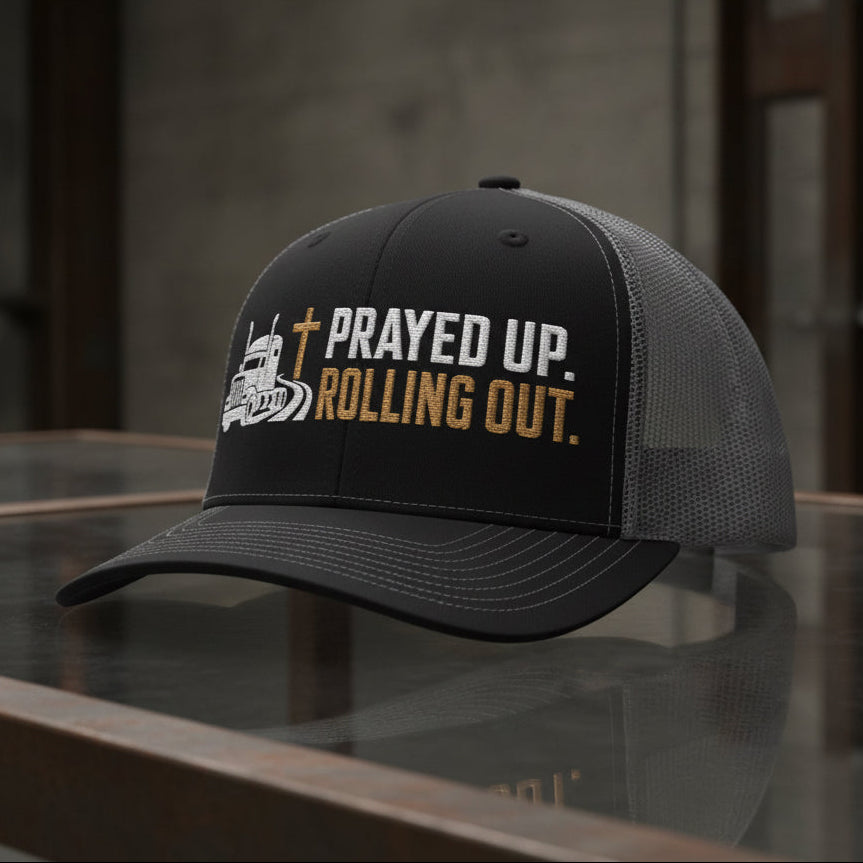 Prayed Up Trucker Cap in Black / Charcoal, alternate view — prayed up rolling out, truck driver, Richardson 112 christian trucker cap