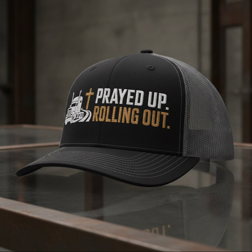 Prayed Up Trucker Cap in Black / Charcoal — prayed up rolling out, truck driver, Richardson 112 christian trucker cap