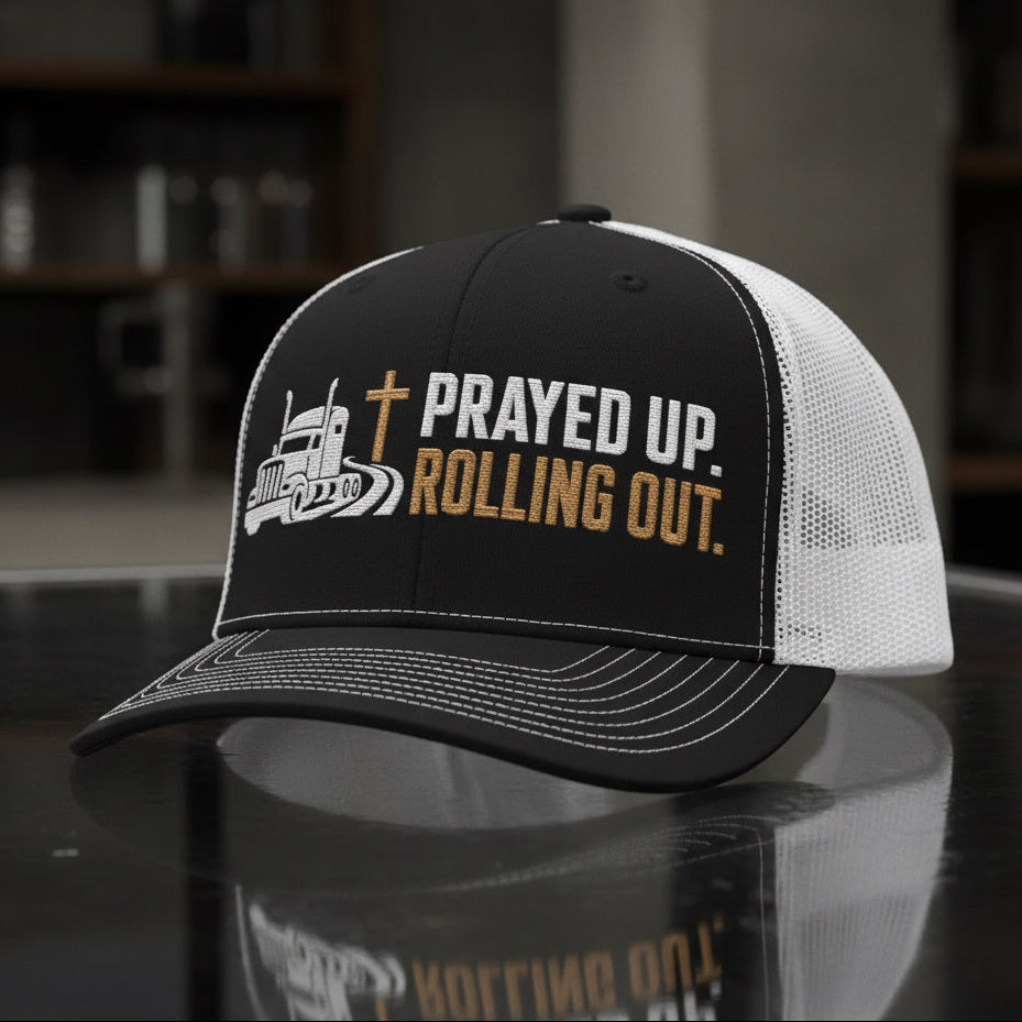 Prayed Up Trucker Cap in Black / White — prayed up rolling out, truck driver, Richardson 112 christian trucker cap