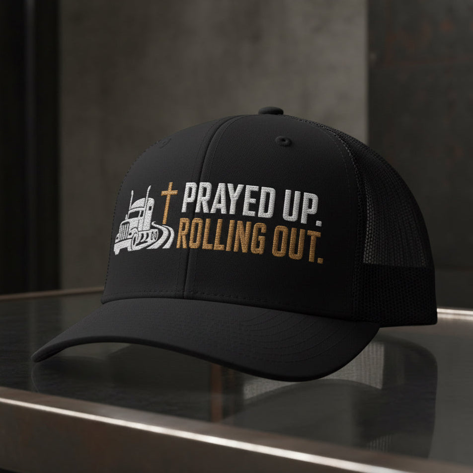 Prayed Up Trucker Cap in Black — prayed up rolling out, truck driver, Richardson 112 christian trucker cap