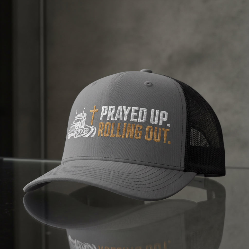 Prayed Up Trucker Cap in Charcoal / Black — prayed up rolling out, truck driver, Richardson 112 christian trucker cap