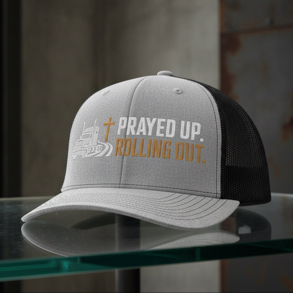 Prayed Up Trucker Cap in Heather Grey / Black — prayed up rolling out, truck driver, Richardson 112 christian trucker cap