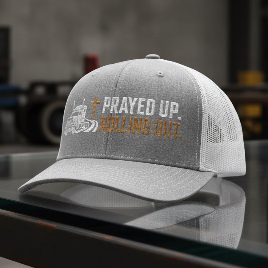 Prayed Up Trucker Cap in Heather Grey / White — prayed up rolling out, truck driver, Richardson 112 christian trucker cap