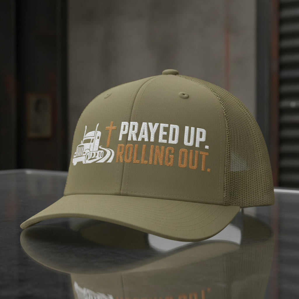 Prayed Up Trucker Cap in Loden (olive green) — prayed up rolling out, truck driver, Richardson 112 christian trucker cap