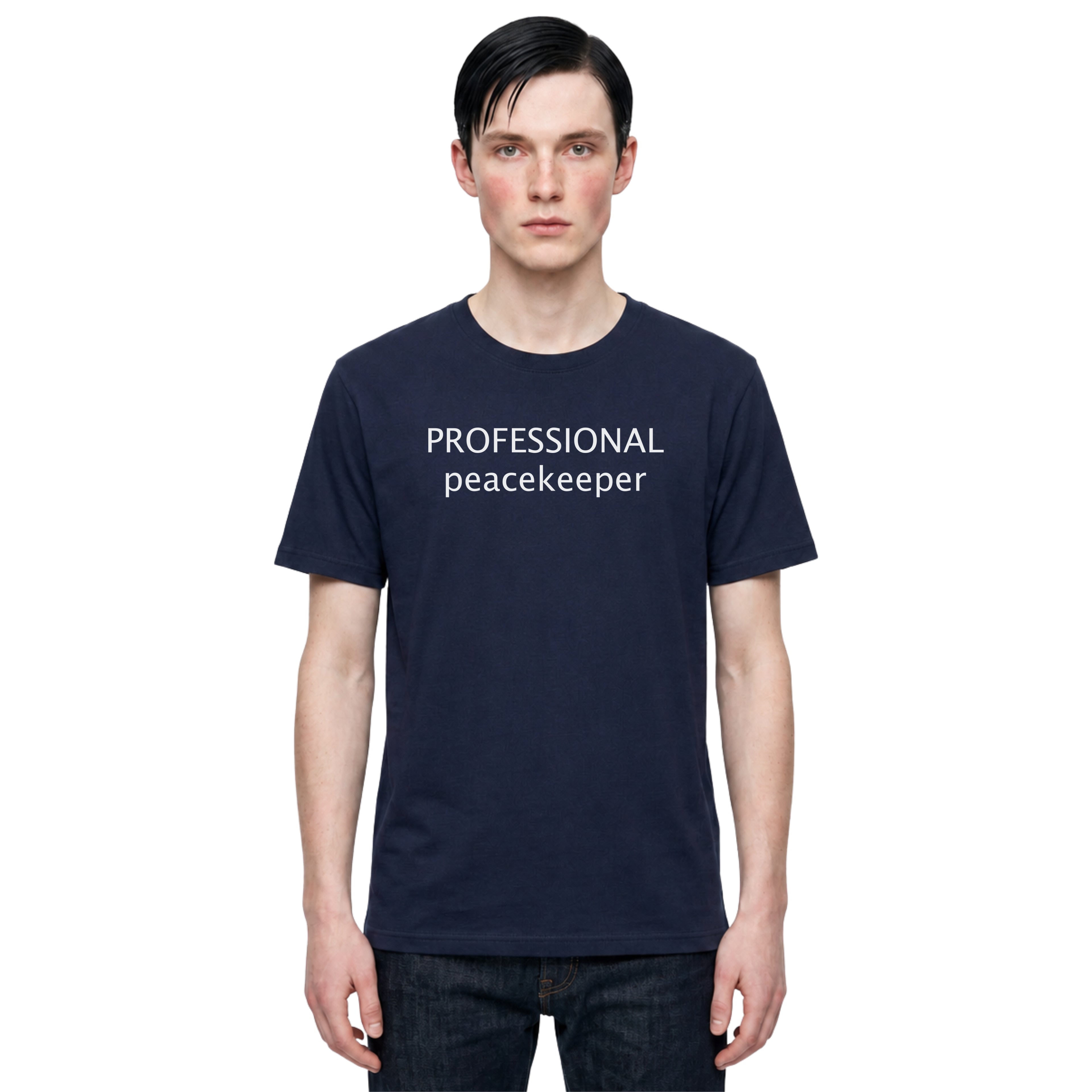 Person wearing a navy blue t-shirt with 'PROFESSIONAL peacekeeper' text on a white background