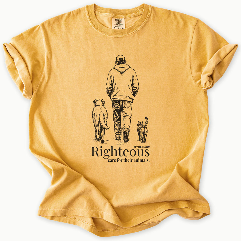 Proverbs 12:10 T-Shirt in Mustard (golden mustard yellow) — animal lover, pet rescue, Comfort Colors 1717 unisex christian faith tee