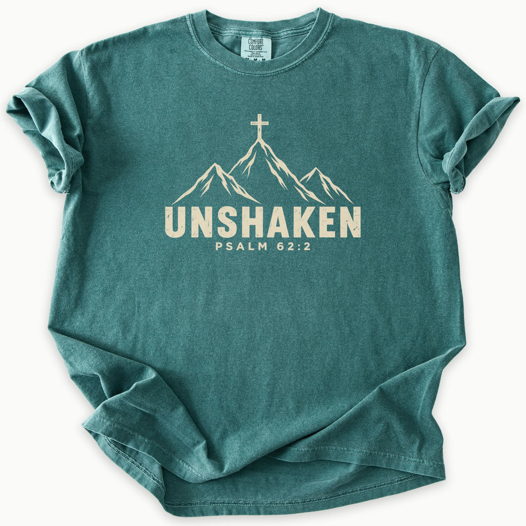 Psalm 62:2 T-Shirt in Blue Spruce (dark teal-green) — spiritual shirt, religious gift, Comfort Colors 1717 unisex christian faith tee