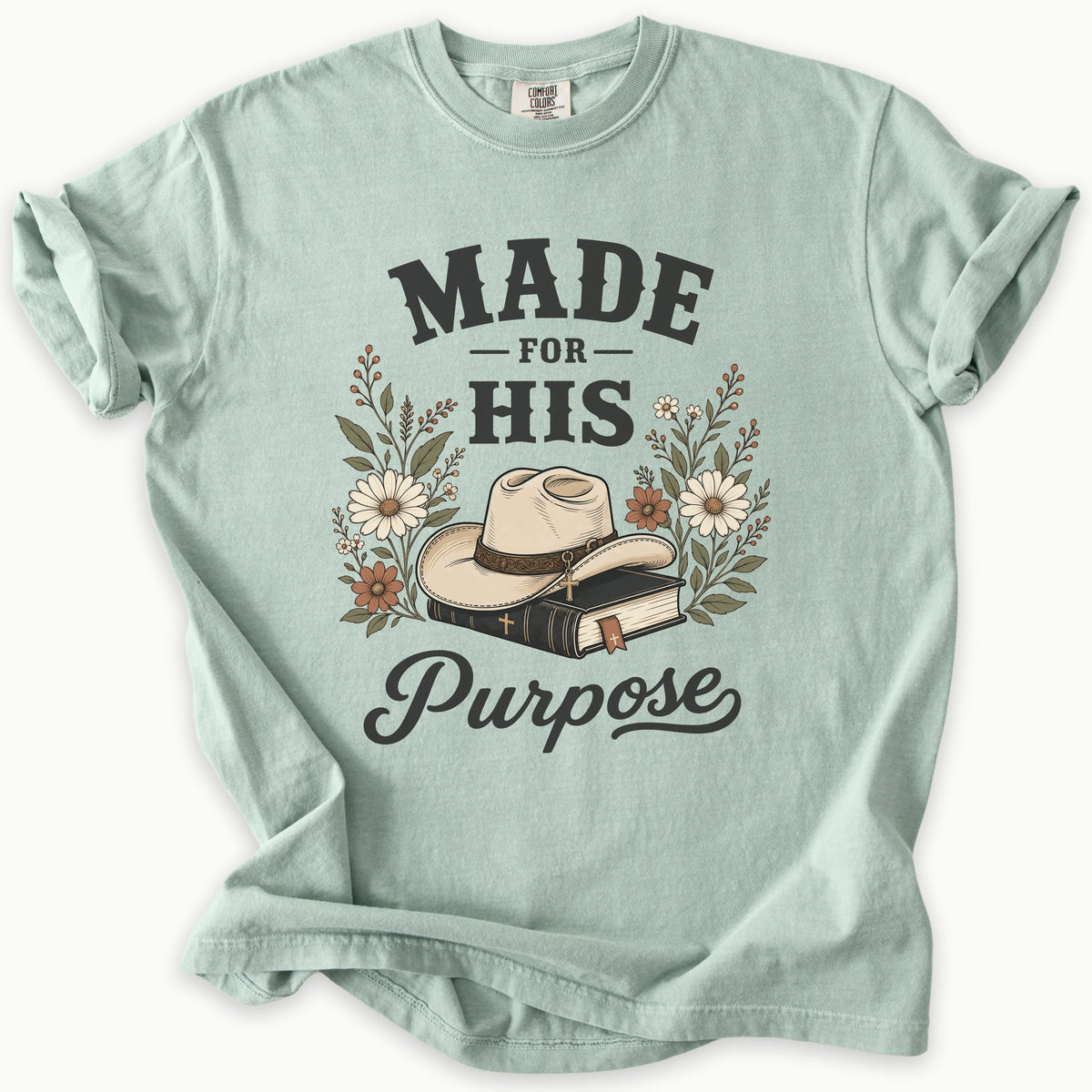Western Purpose T-Shirt in Bay (sage green) — made for more, western charm faith tee, Comfort Colors 1717 unisex christian faith tee