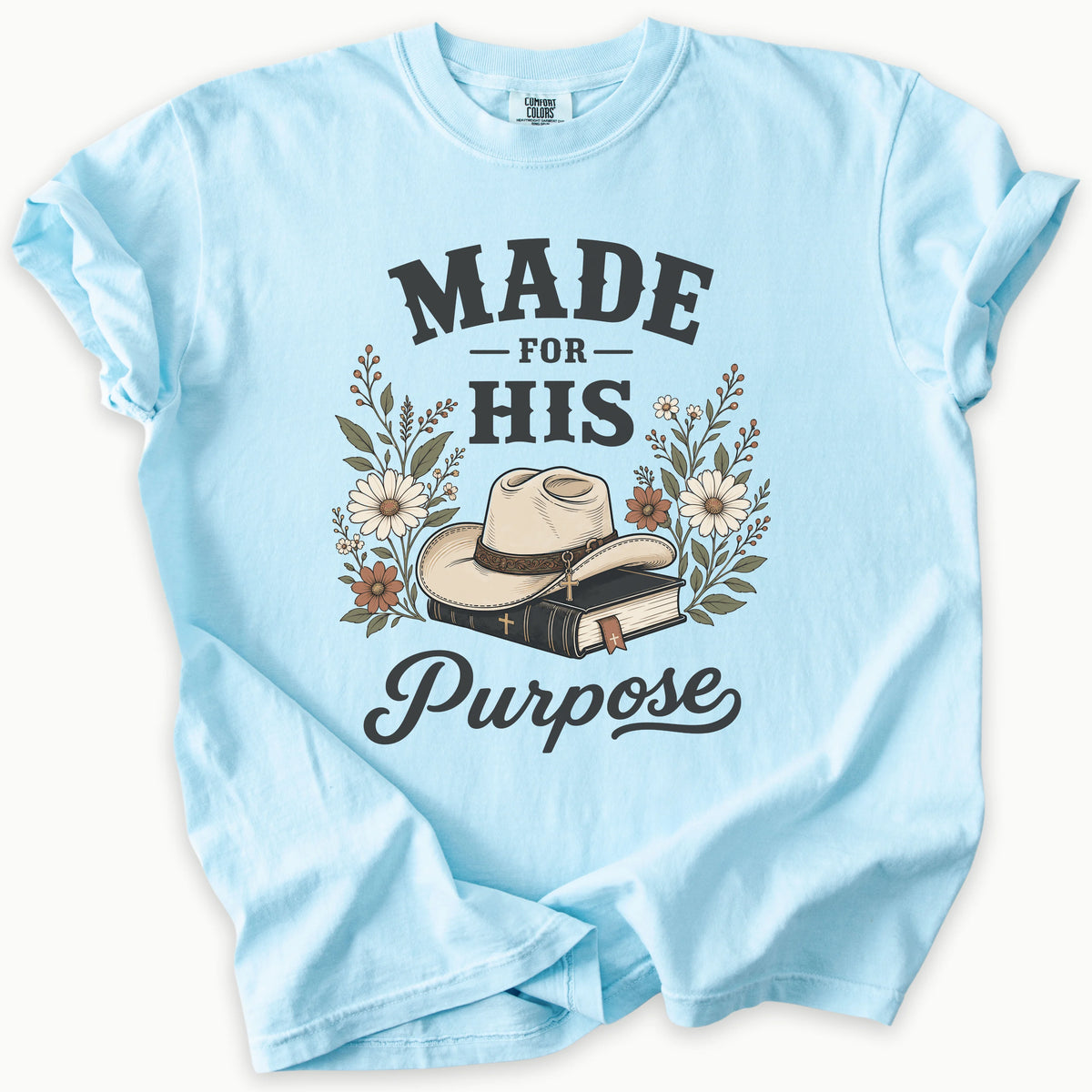 Western Purpose T-Shirt in Chambray (light blue) — made for more, western charm faith tee, Comfort Colors 1717 unisex christian faith tee