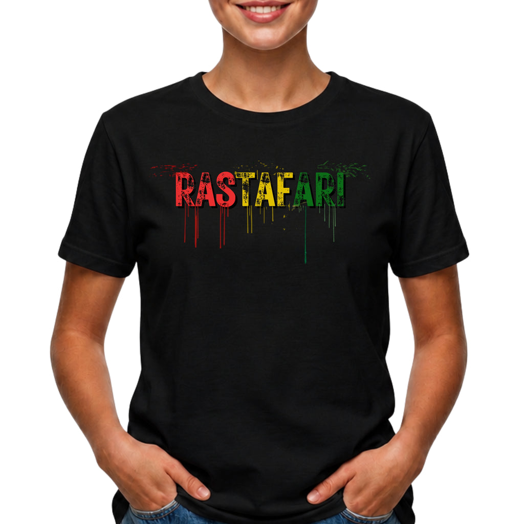 black t-shirt with 'RASTAFARI' printed in colorful letters on a white background
