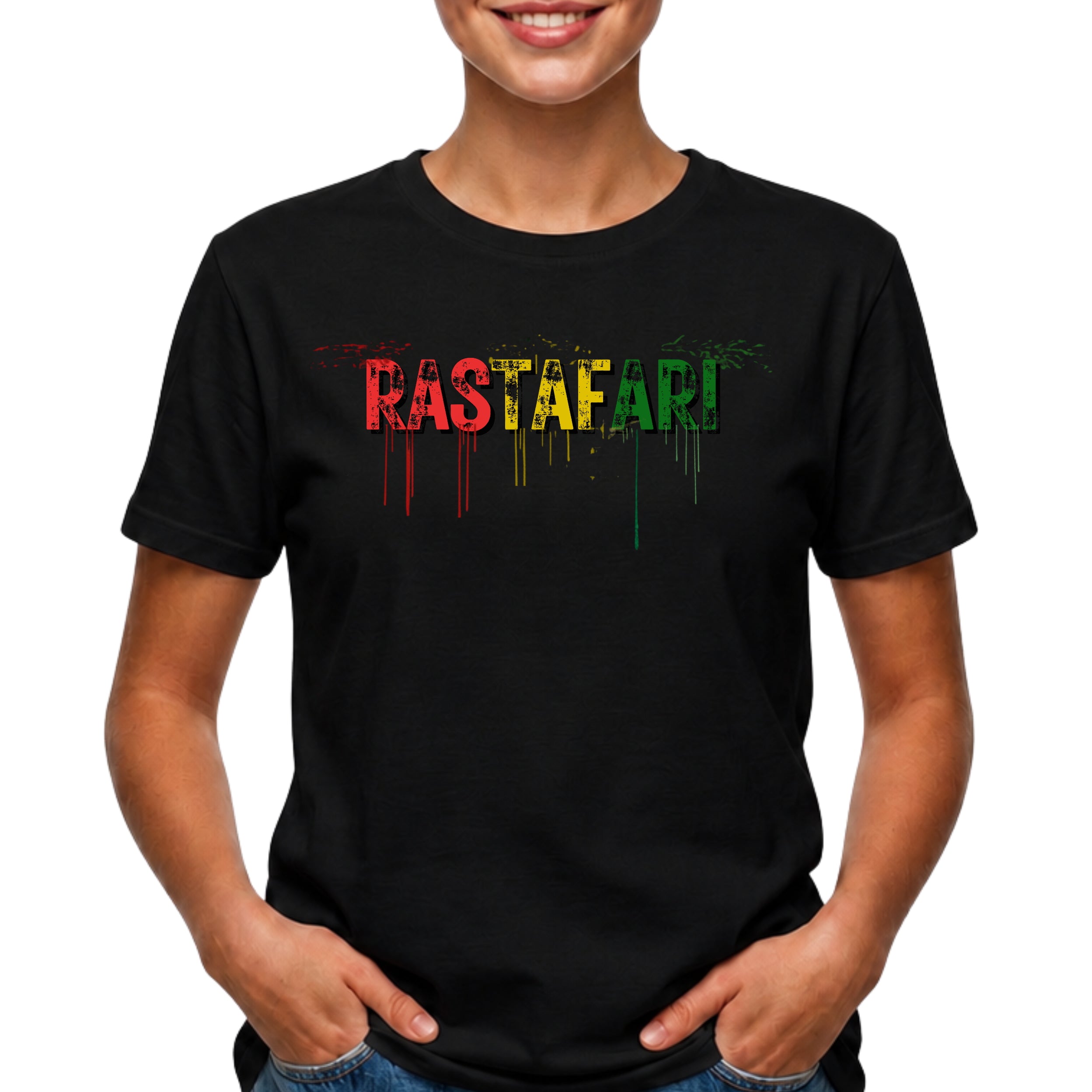 black t-shirt with 'RASTAFARI' printed in colorful letters on a white background