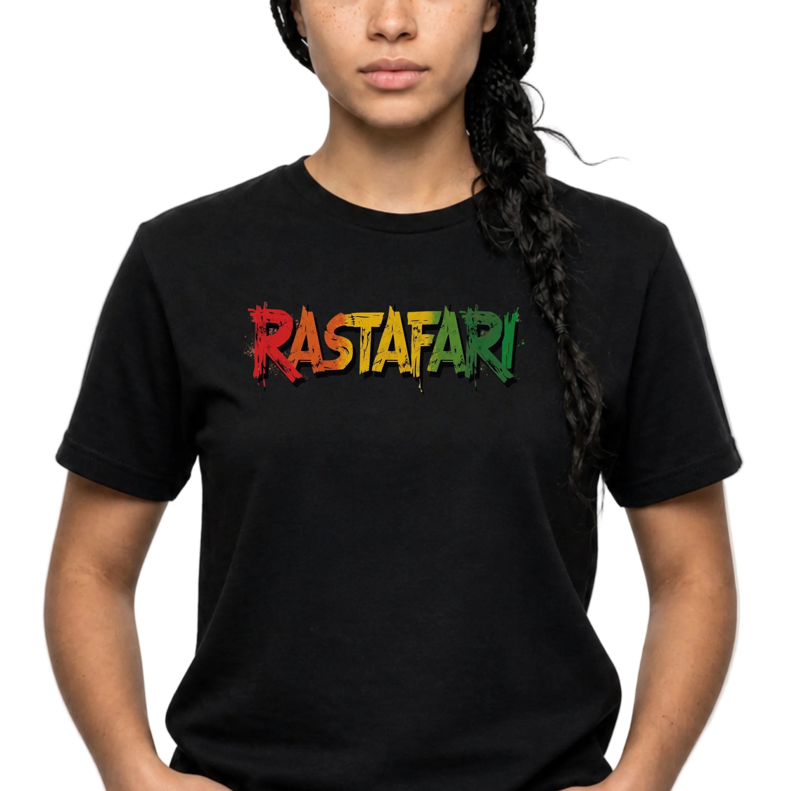Person wearing a black t-shirt with 'Rastafari' in colorful letters on a white background