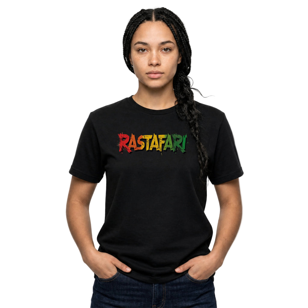 Person wearing a black t-shirt with 'Rastafari' in colorful letters on a white background