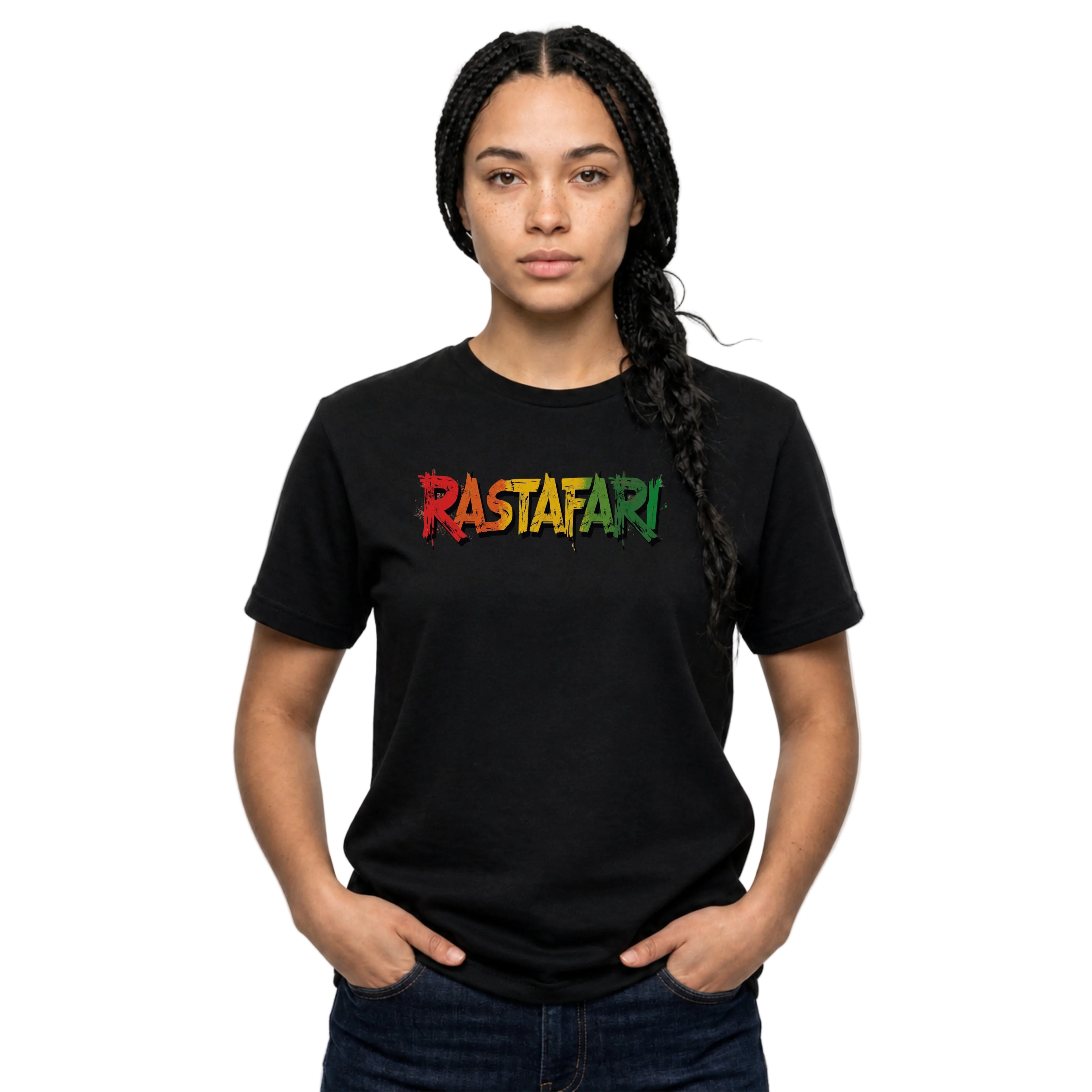 Person wearing a black t-shirt with 'Rastafari' in colorful letters on a white background