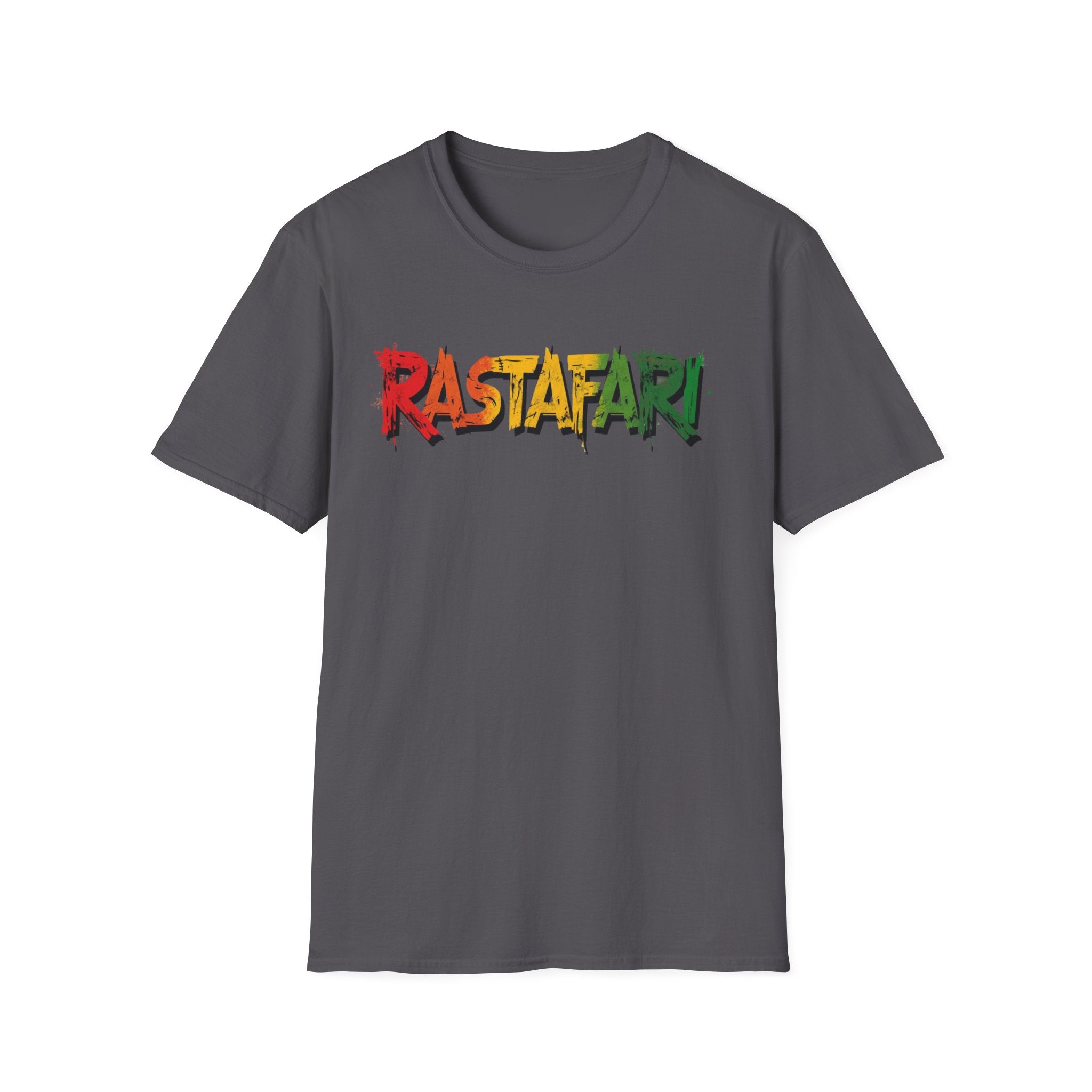 charcoal t-shirt with 'Rastafari' text in Rastafarian colors on a white background