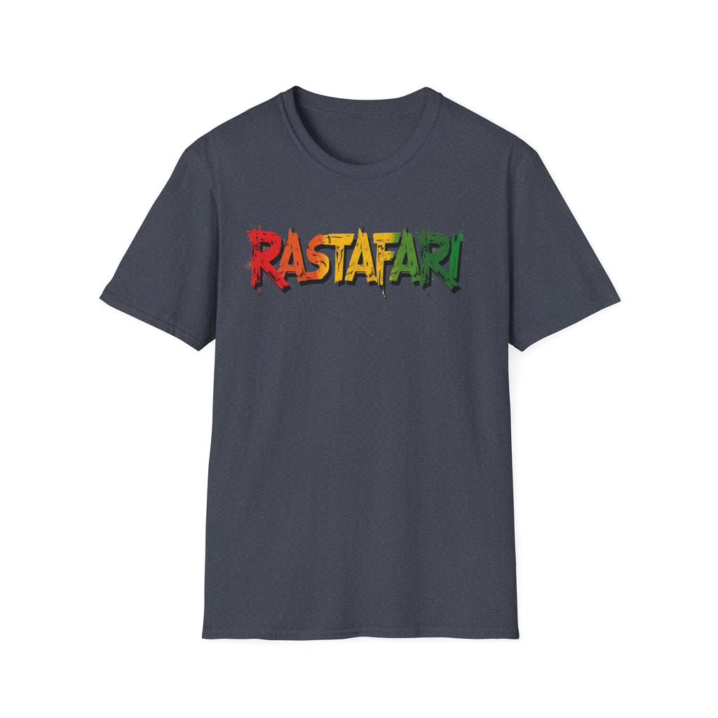 heather navy t-shirt with 'Rastafari' text in Rastafarian colors on a white background