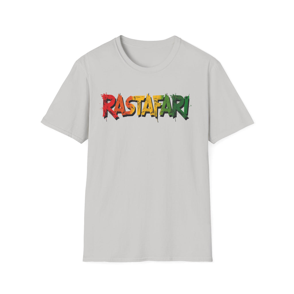 ice grey t-shirt with 'Rastafari' text in Rastafarian colors on a white background