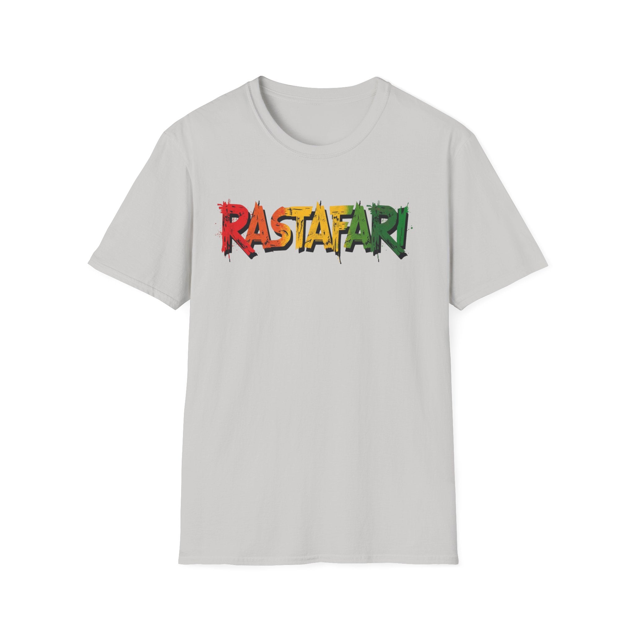 ice grey t-shirt with 'Rastafari' text in Rastafarian colors on a white background